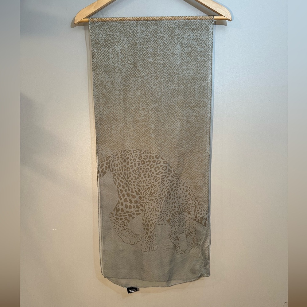 DENNIS BASSO Leopard Print Long Scarf Sheer Polyester Gray Brown 13 x 60" Italy